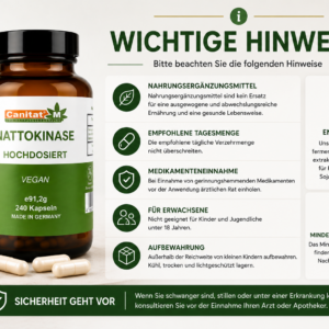 Nattokinase 20.000 FU/g – 2.000 FU pro Kapsel | 240 vegane Kapseln | 8 Monate Vorrat | Canitat® M