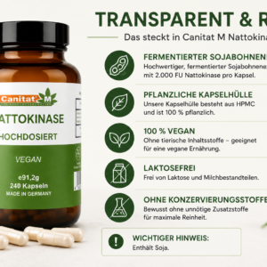 Nattokinase 20.000 FU/g – 2.000 FU pro Kapsel | 240 vegane Kapseln | 8 Monate Vorrat | Canitat® M