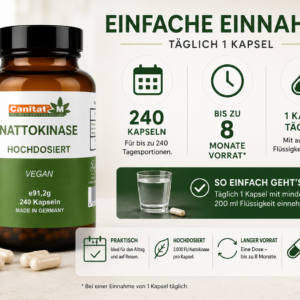 Nattokinase 20.000 FU/g – 2.000 FU pro Kapsel | 240 vegane Kapseln | 8 Monate Vorrat | Canitat® M